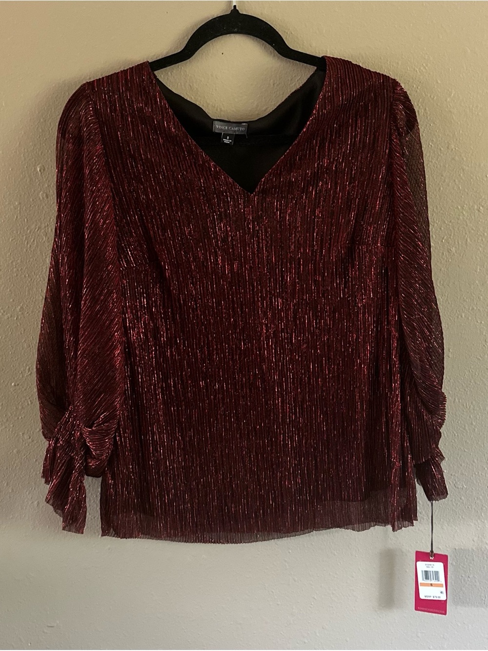 Vince Camuto Metallic Burgundy V-Neck Long Sleeve Blouse